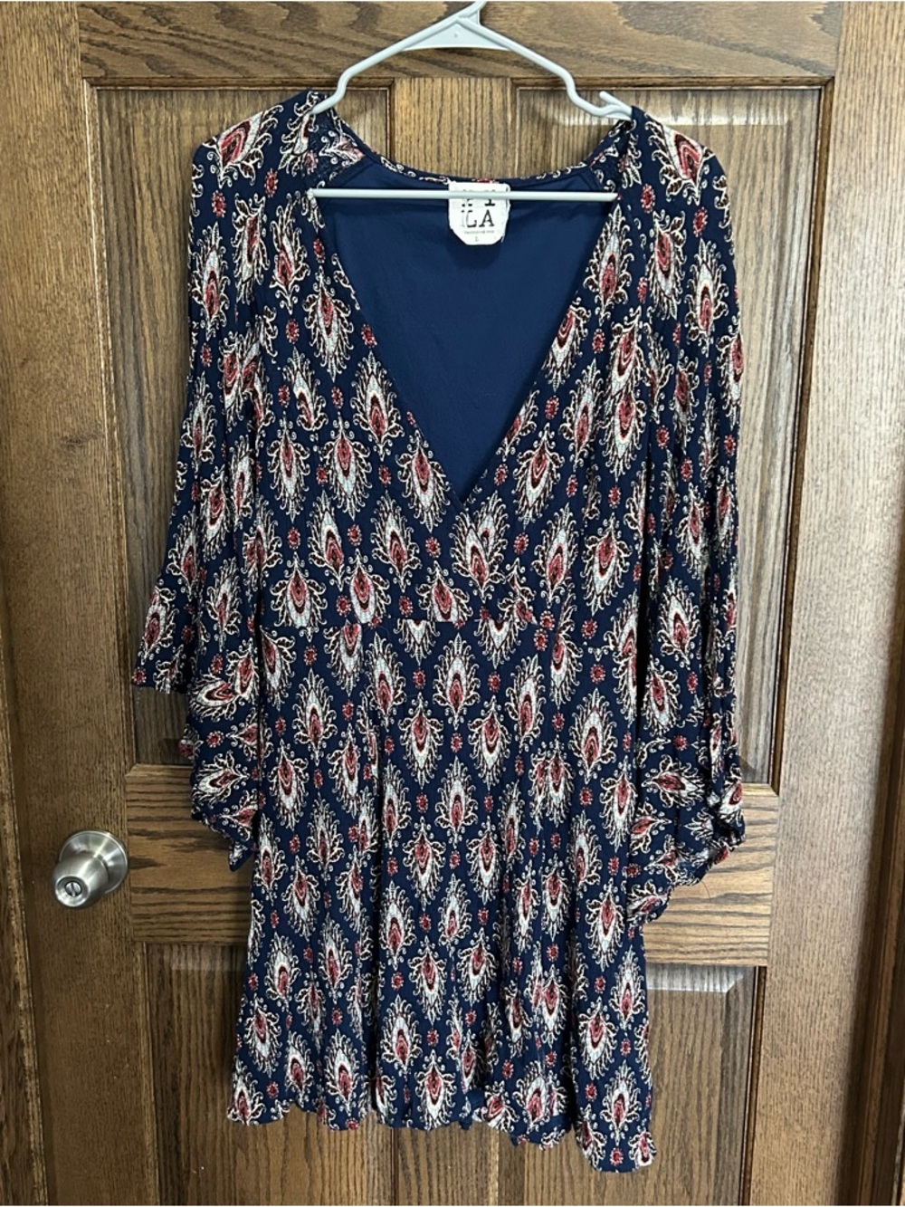 PPLA Navy Paisley V-Neck Tunic with Cream and Rust Accents